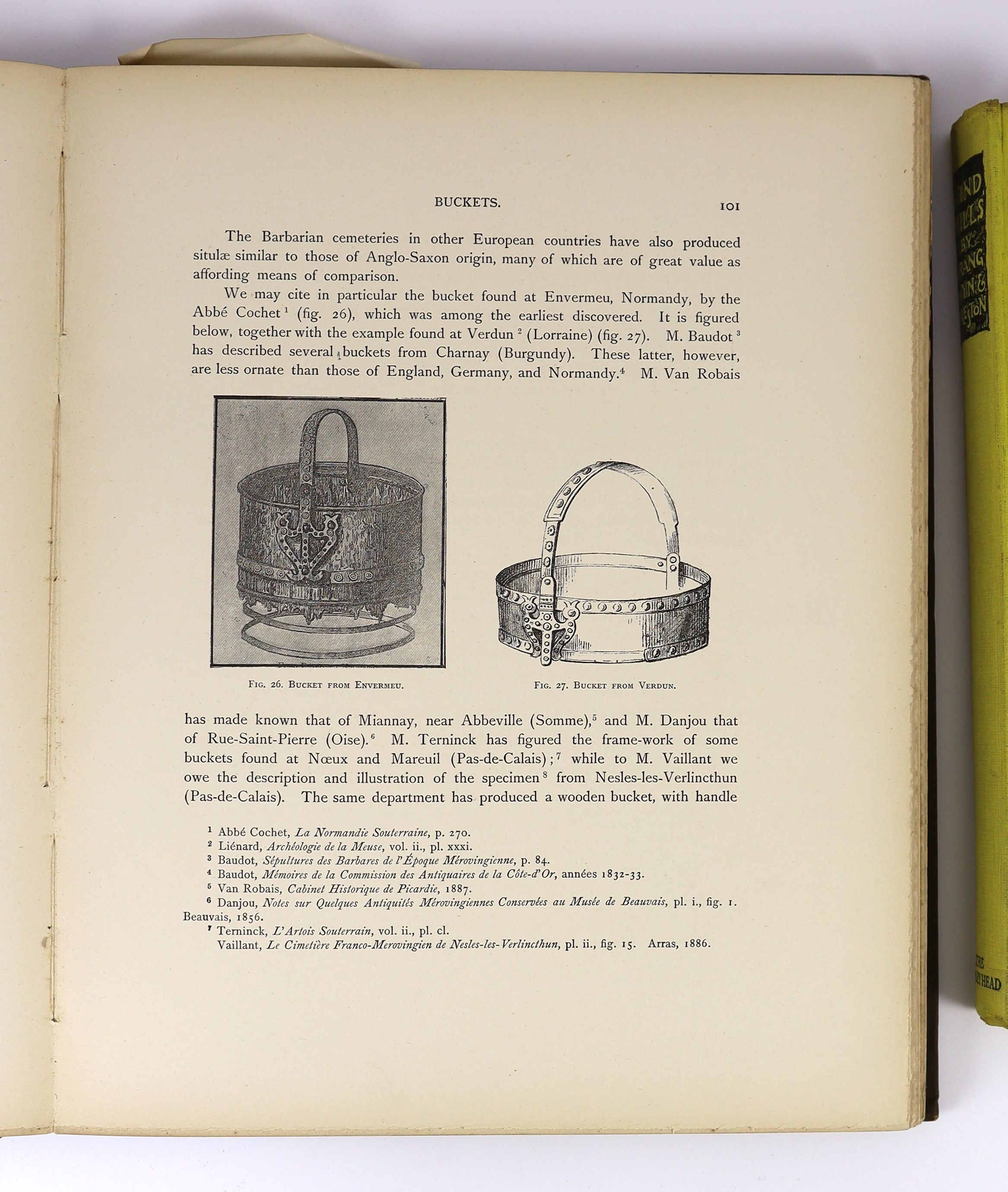 Brangwyn, Frank and Preston, Hayter - Windmills, 4to, yellow cloth, John Lane The Bodley Head, London, 1923 and Baye, Baron J. de - The Industrial Arts of the Anglo-Saxons, 4to, cloth gilt, Swan Sonnenschein, London, 189